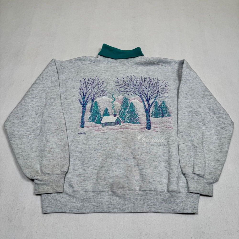 Vintage 90s Jerzees Colorado Winter Cabin Sweatshirt Gray Teal Mock Neck Large